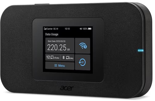 Hotspot mobile Acer nero mostra Utilizzo dati: 220,25 GB, 12x 2,4 GHz, 8x 5 GHz.