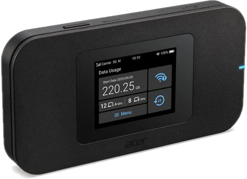 Hotspot mobile nero con touchscreen che mostra l'utilizzo dei dati.