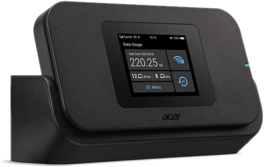 Hotspot Acer 5G nero con touchscreen che mostra l'utilizzo dati.
