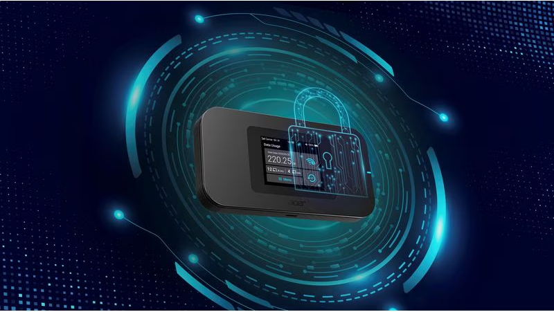 Un dispositivo Acer nero con un lucchetto digitale su sfondo blu scuro.