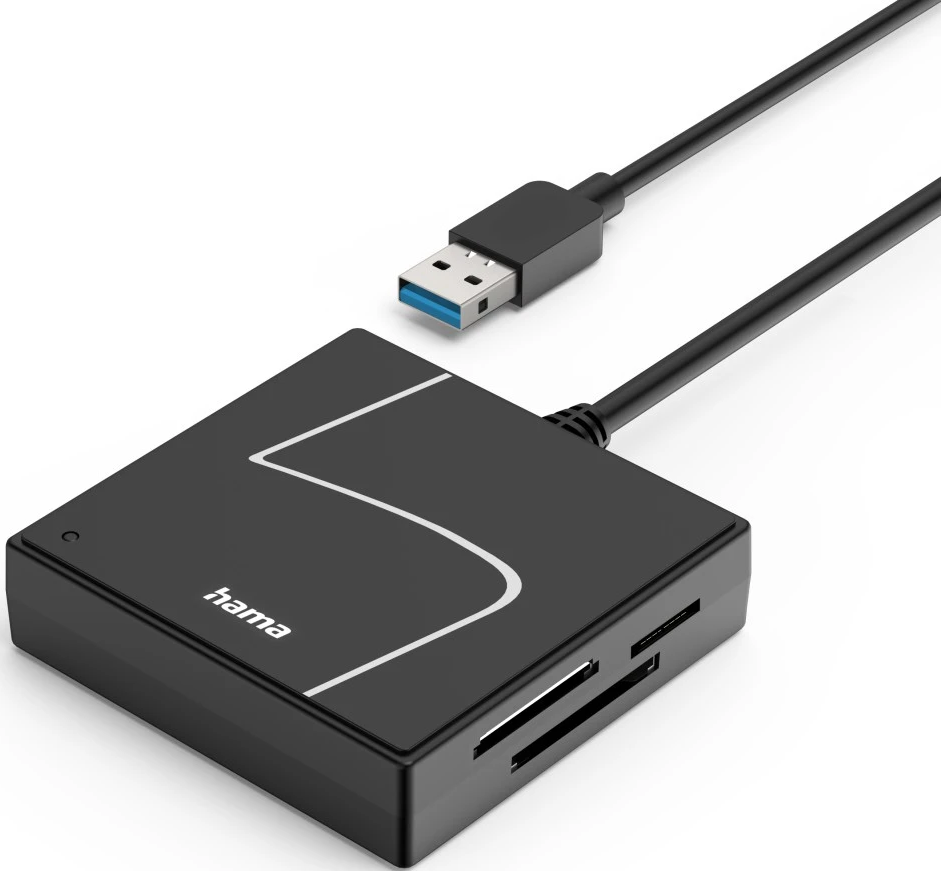 Lecteur de carte noir avec connecteur USB et bande blanche.