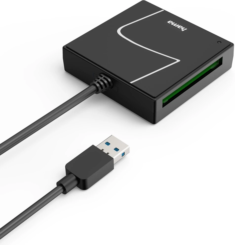 Lecteur de carte noir avec câble USB sur fond blanc.