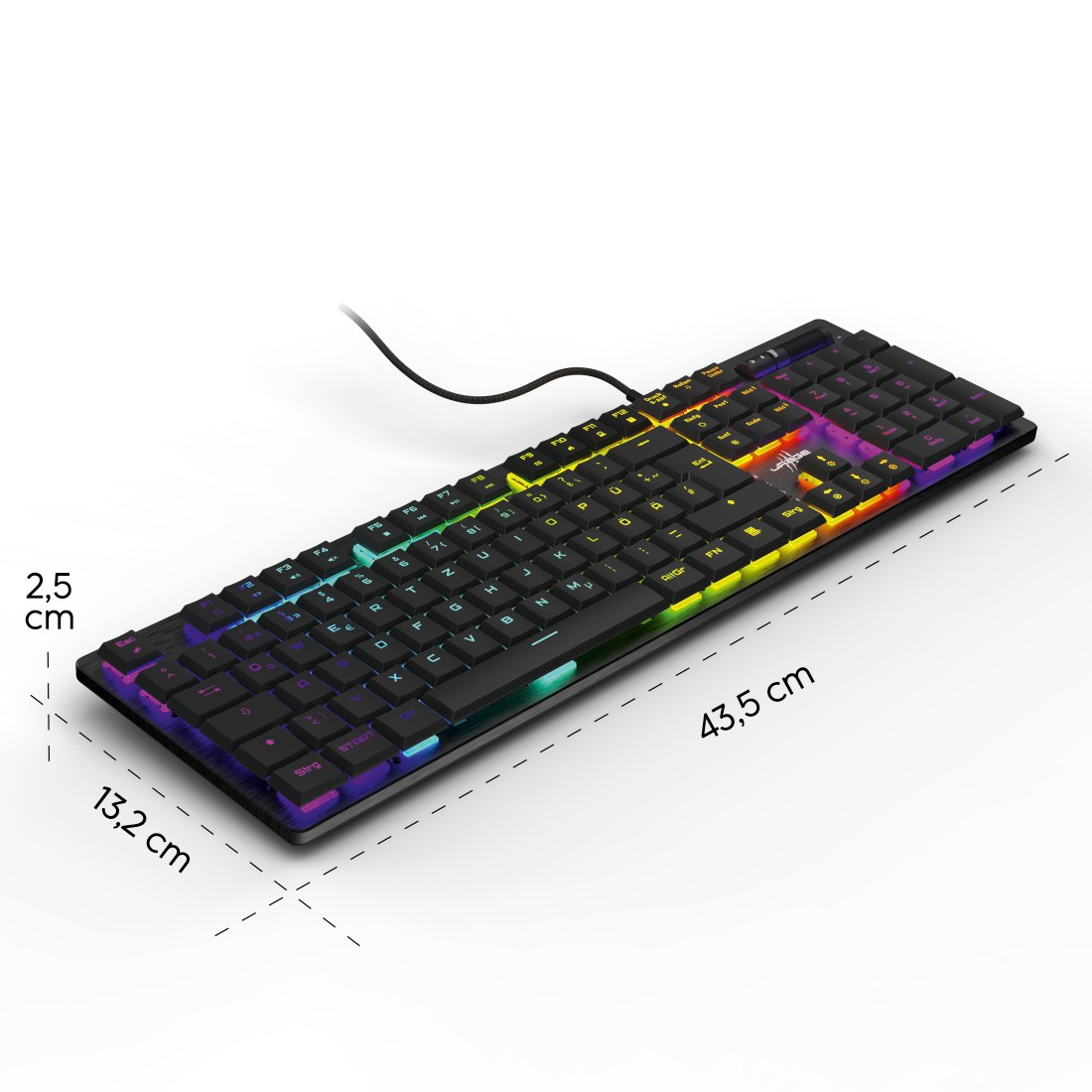 Fekete billentyűzet RGB világítással, méretei 43,5 x 13,2 x 2,5 cm.
