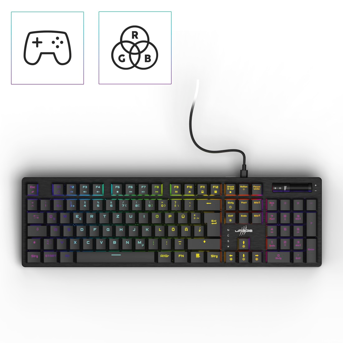 RGB világítású billentyűzet és egy játékvezérlő ikon.