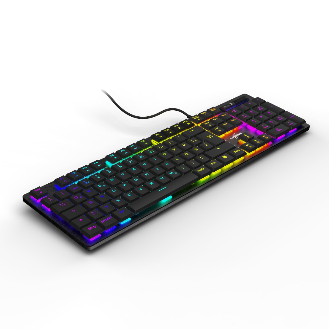 Fekete billentyzet RGB vil­tsel, fehér háttér.