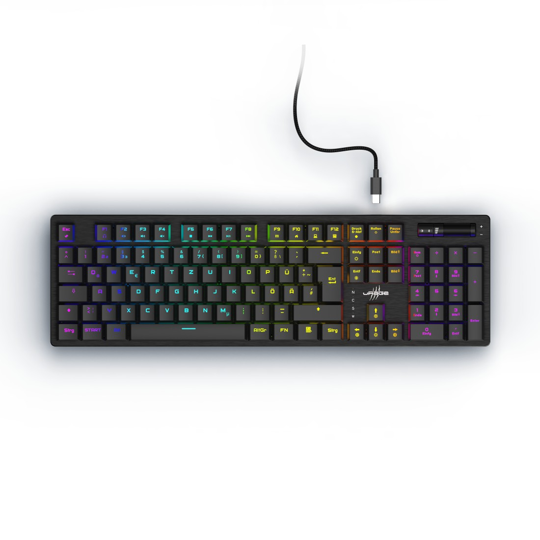 Egy fekete mechanikus billentyűzet RGB világítással és USB-C kábellel.