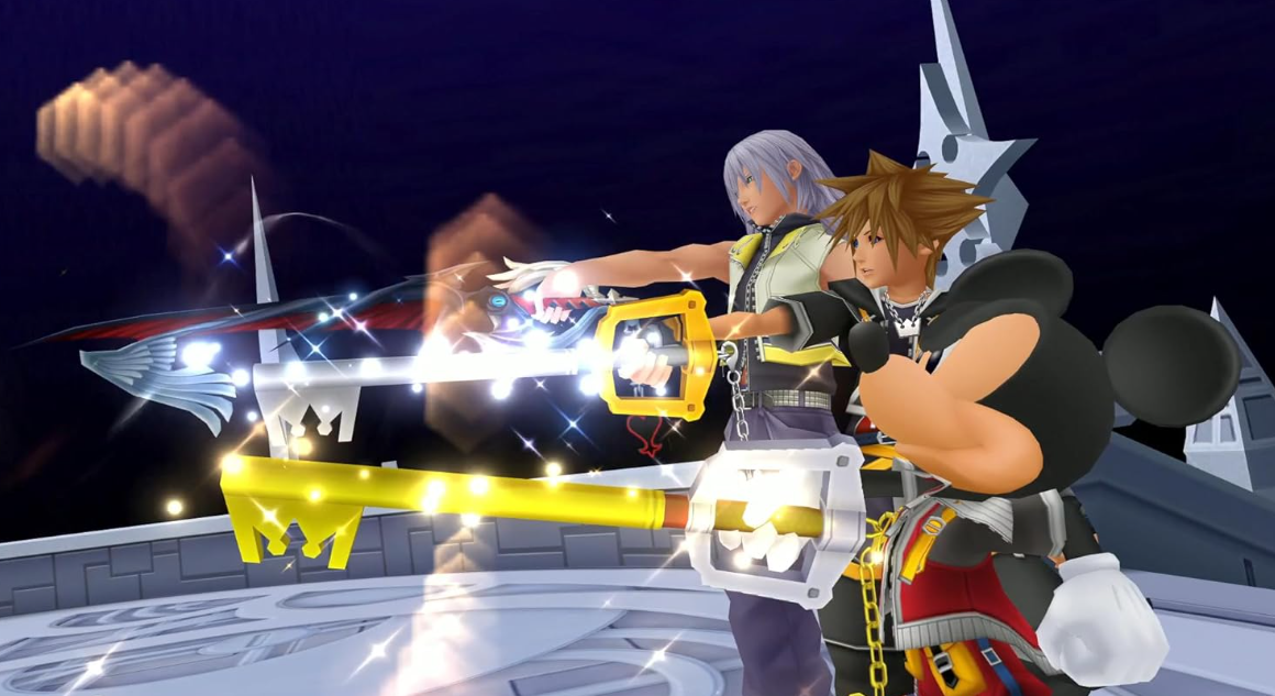 Riku und Sora halten Schlüsselschwerter, Mickey Mouse im Vordergrund, dunkler Himmel.