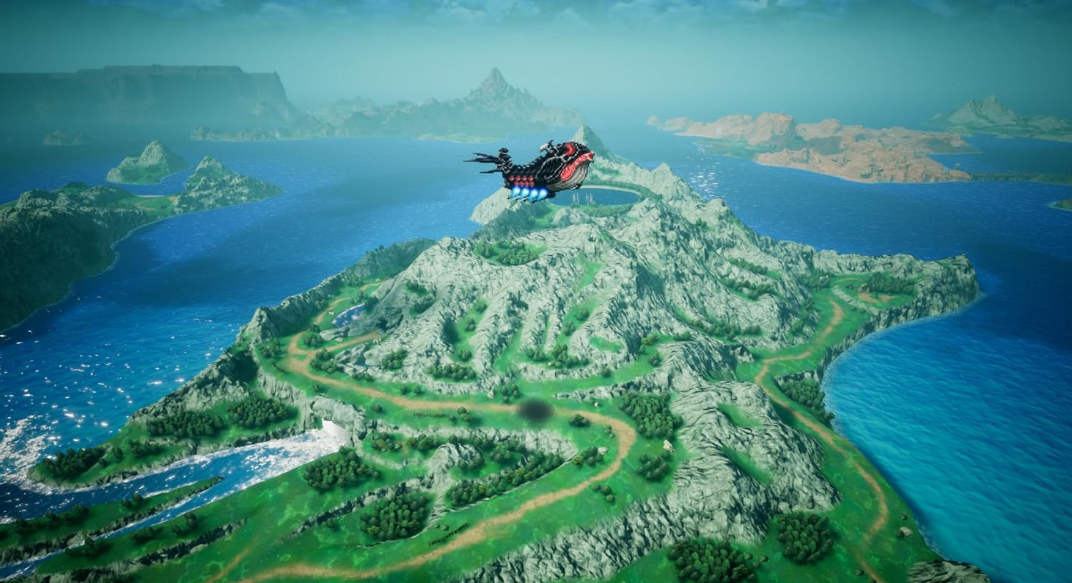 Ein futuristisches Luftschiff fliegt über eine grüne, felsige Insel im weiten blauen Ozean.