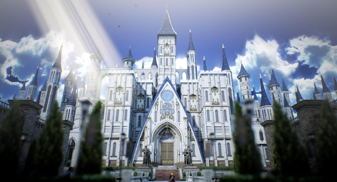 Ein strahlend weißes Schloss mit blauen Dächern unter einem blauen Himmel mit Wolken und Sonnenstrahlen.