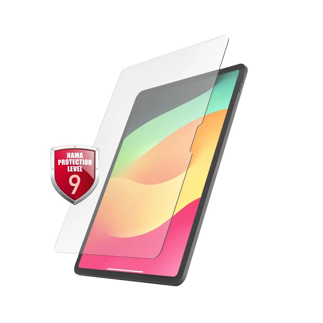 Ein Tablet mit einem Displayschutz und einem Hama-Schutzstufen-9-Siegel.