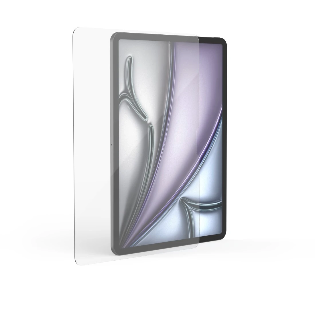 Ein transparentes Schutzglas liegt über einem Tablet mit lila und silbernen Mustern.