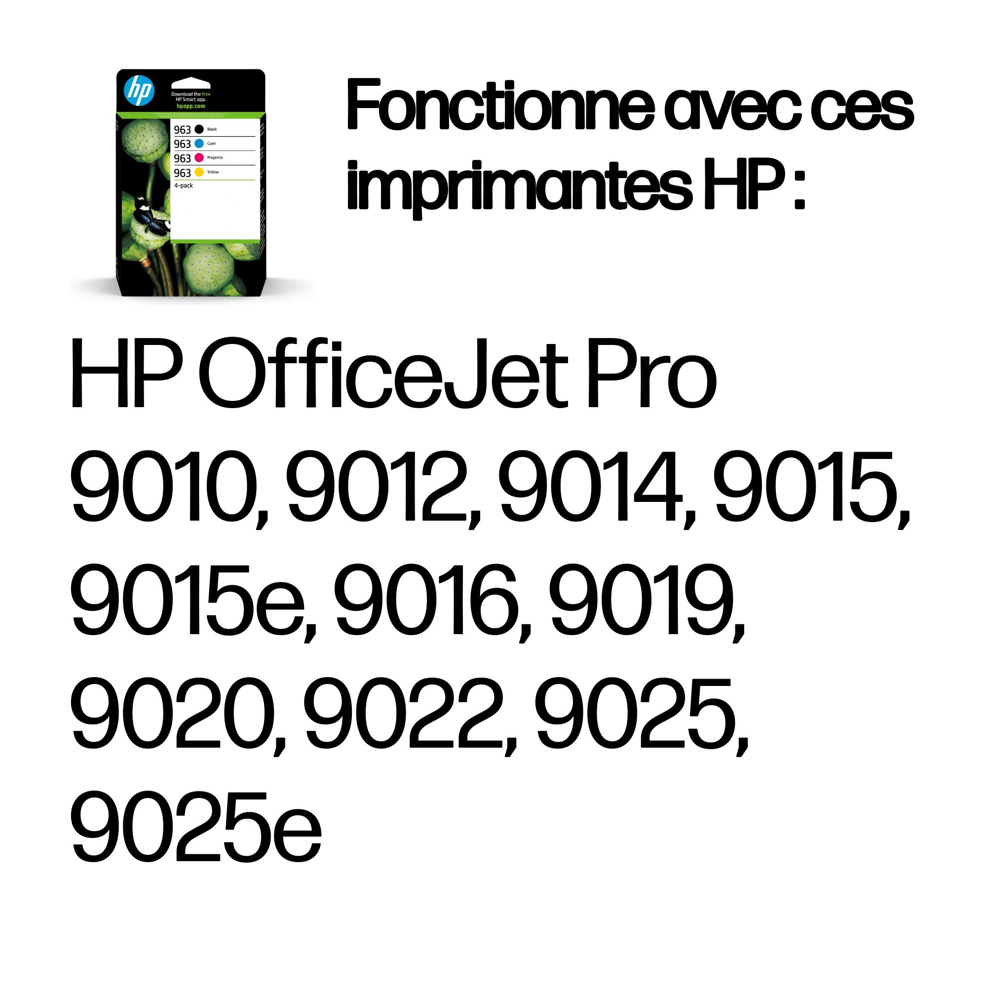 Pack de 4 cartouches d'encre HP 963 pour imprimantes HP OfficeJet Pro.
