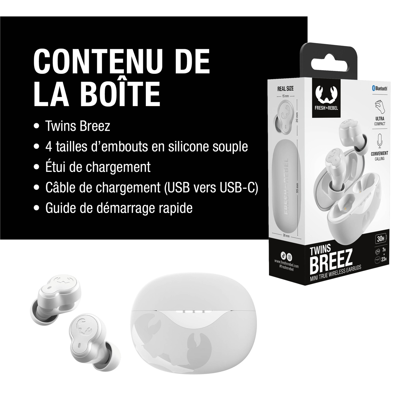 Écouteurs sans fil blancs et étui de chargement avec infos produit et dimensions.