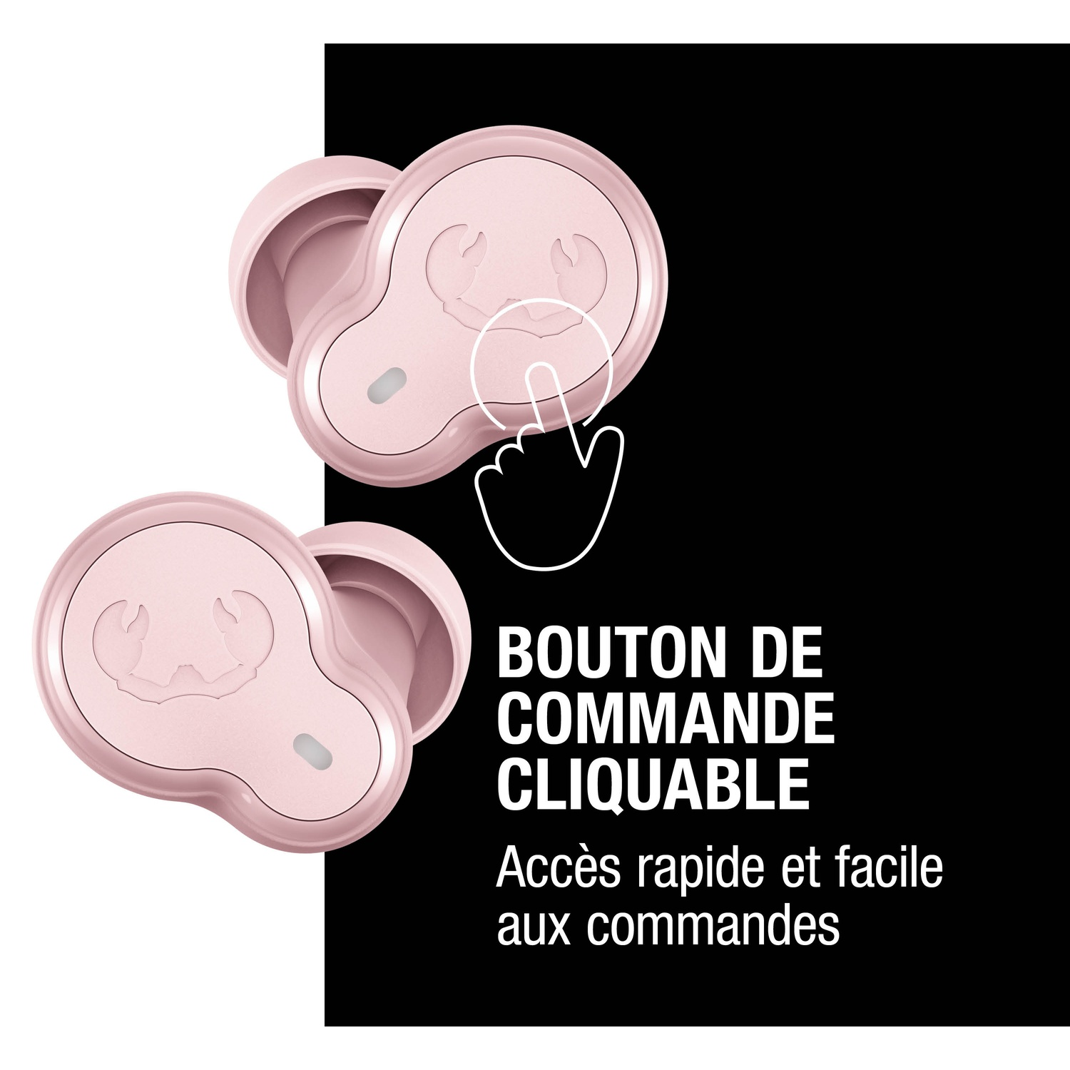 Deux écouteurs sans fil roses avec commande tactile et texte.