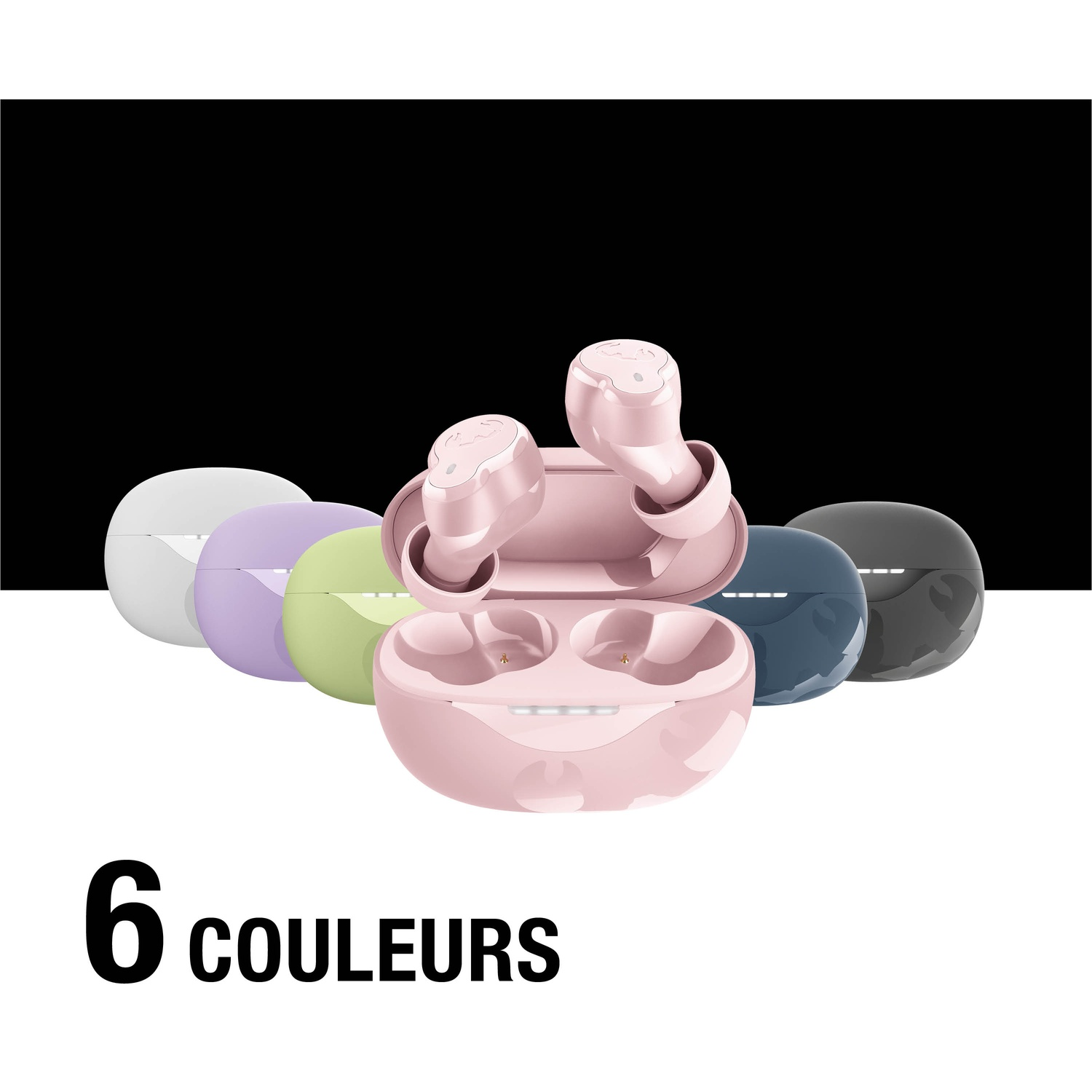 Six couleurs différentes d'écouteurs sans fil dans leurs étuis de chargement.