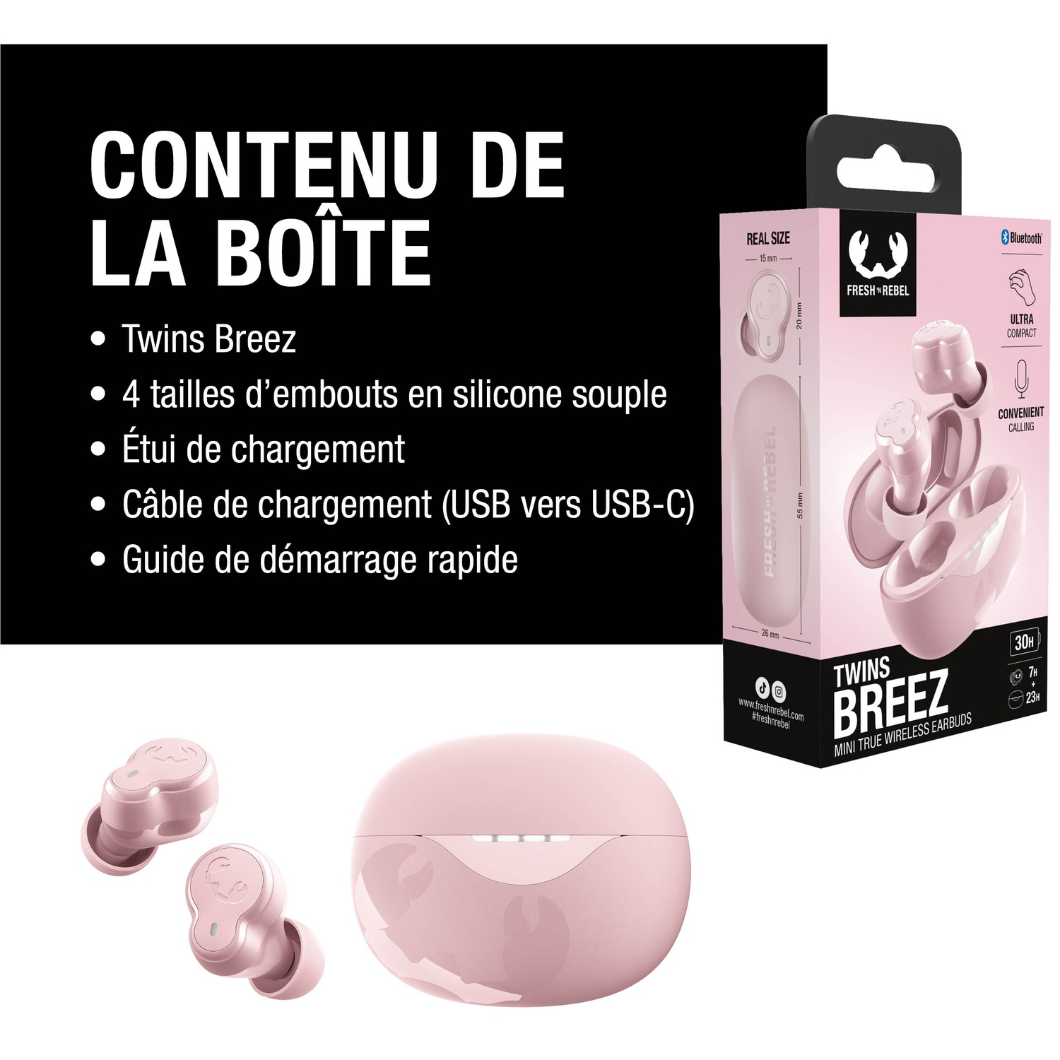 Écouteurs roses sans fil avec étui de chargement et détails produit.