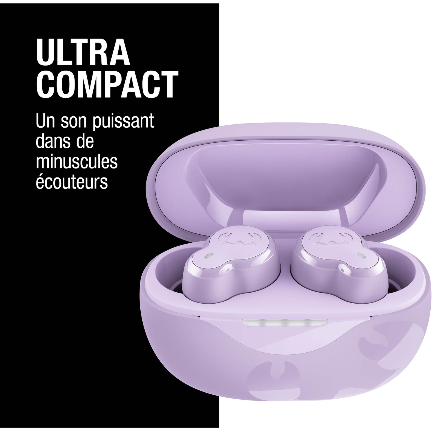 Écouteurs violets dans un étui de chargement ouvert, avec du texte sur fond noir.