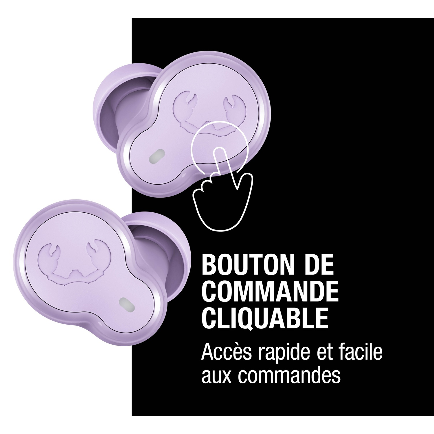 Deux écouteurs violets avec commandes tactiles et un geste de main pointant un bouton.
