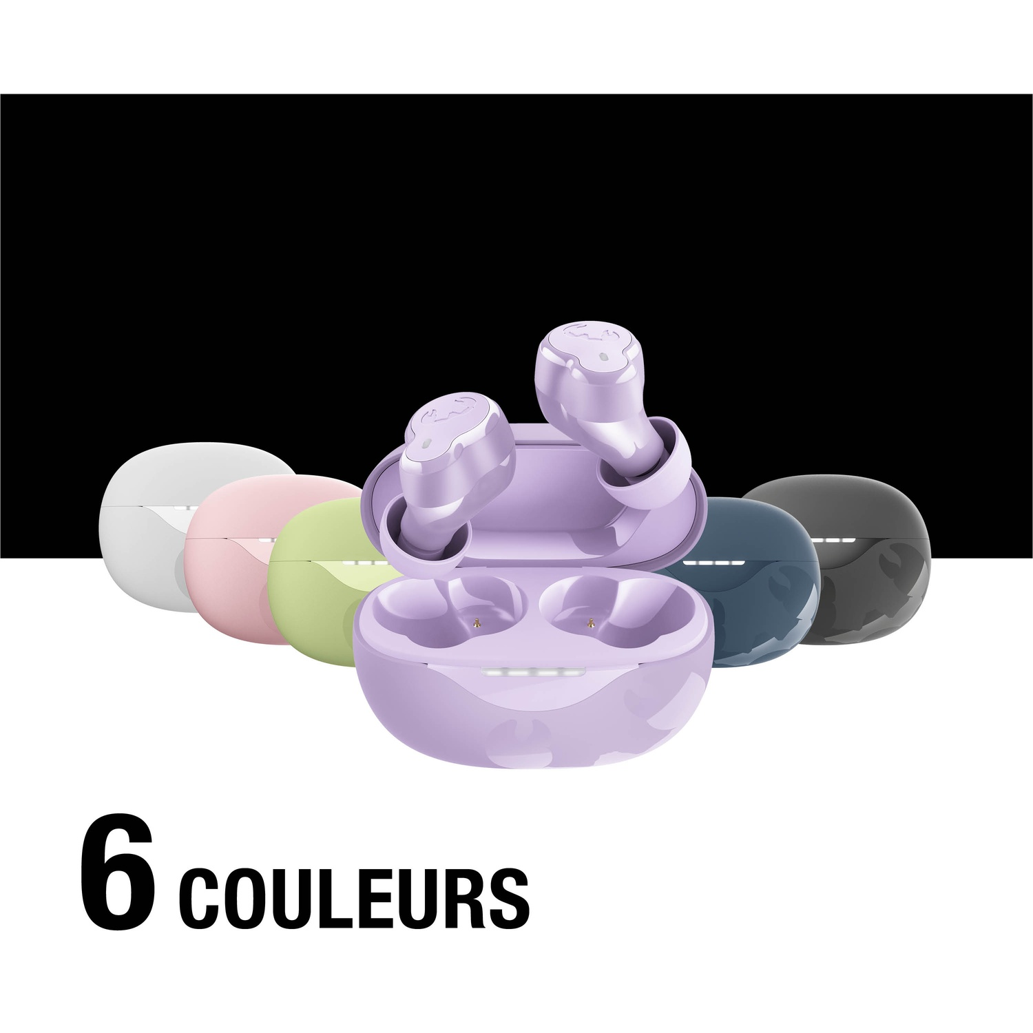 Six étuis d'écouteurs colorés : violet, gris, bleu marine, vert clair, rose et blanc.