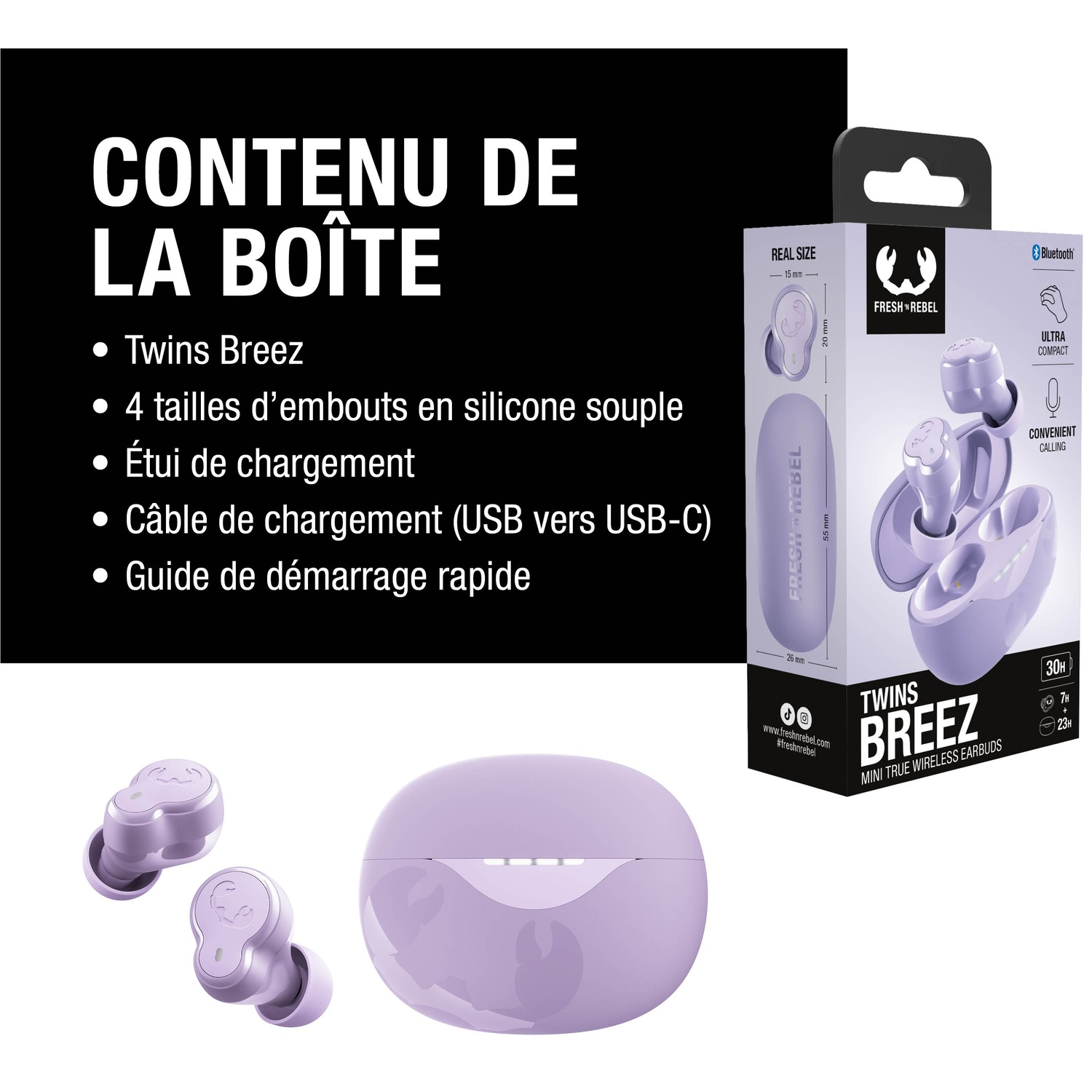 Écouteurs et étui de chargement violets avec emballage produit. Comprend la liste du contenu.