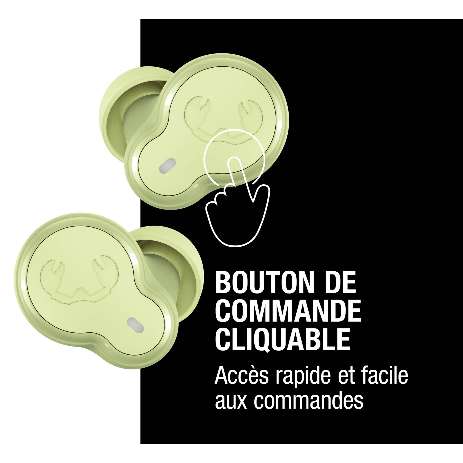 Deux écouteurs vert clair côte à côte. Une icône de tapotement.