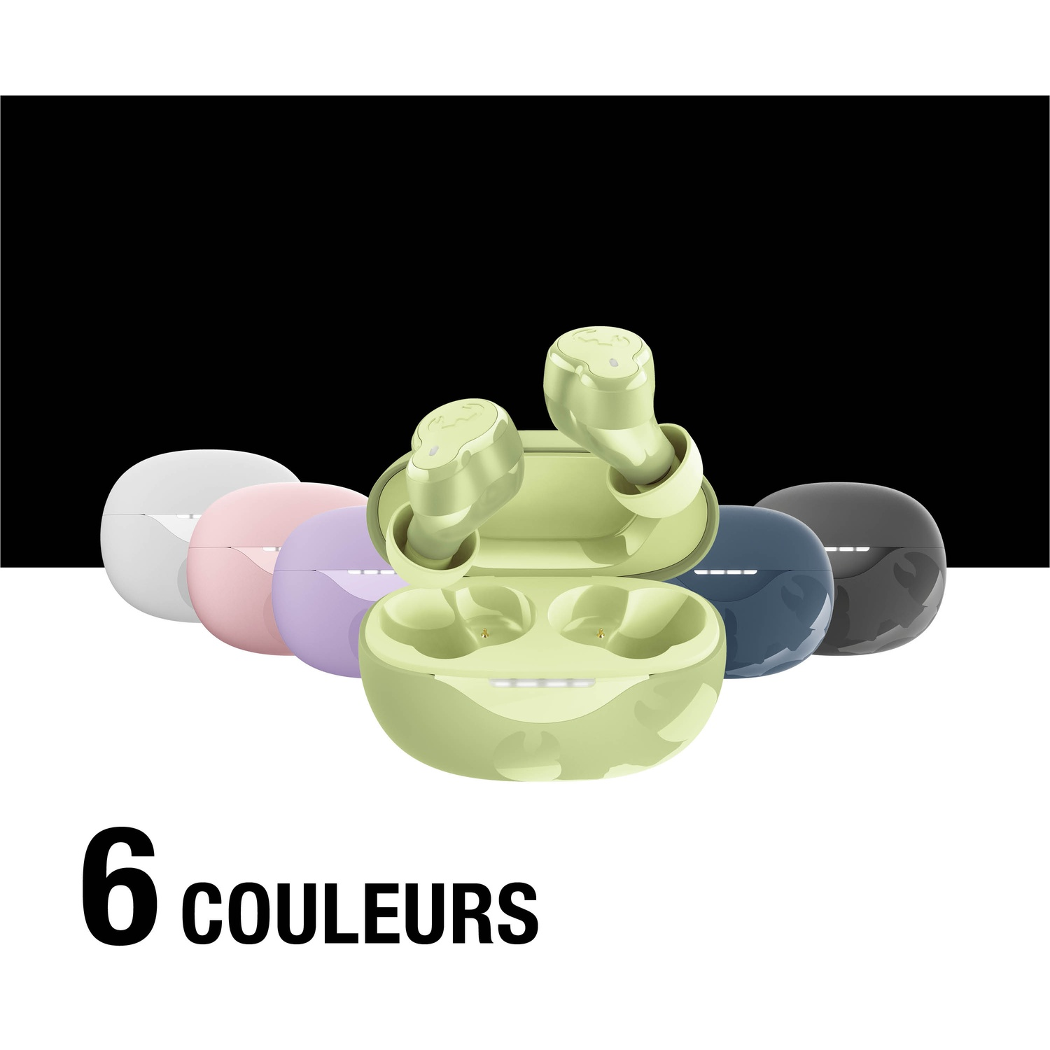 Six étuis d'écouteurs colorés dans des tons pastel et plus foncés.