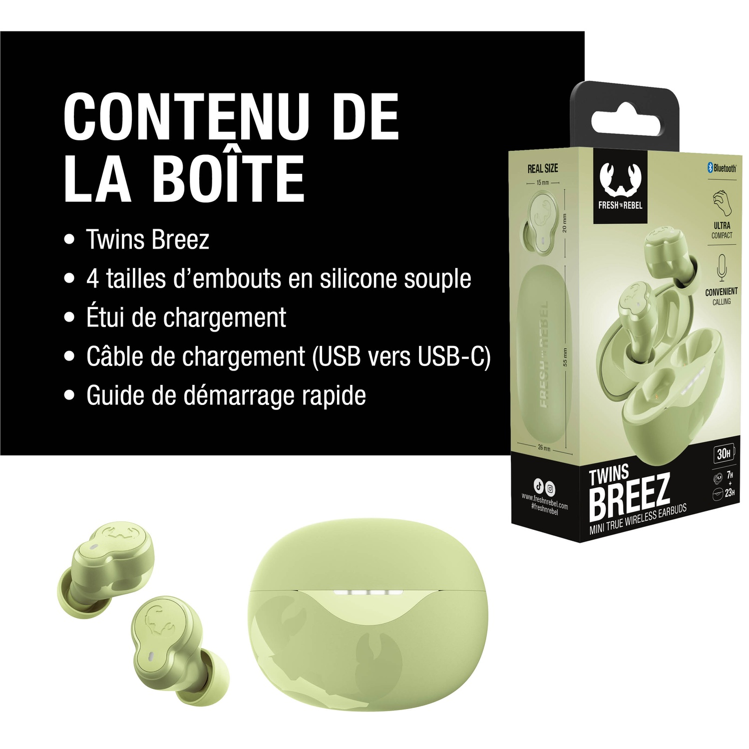 Écouteurs sans fil verts et étui de chargement avec emballage.