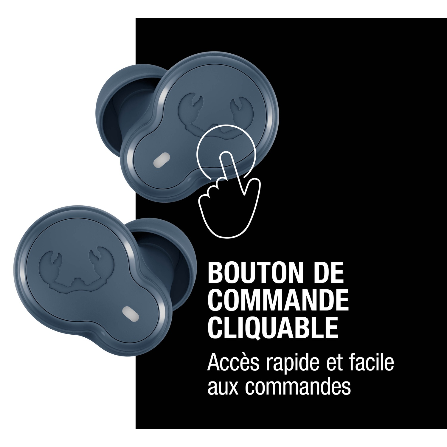 Deux écouteurs bleus avec un logo de crabe stylisé et un geste de tapotement.