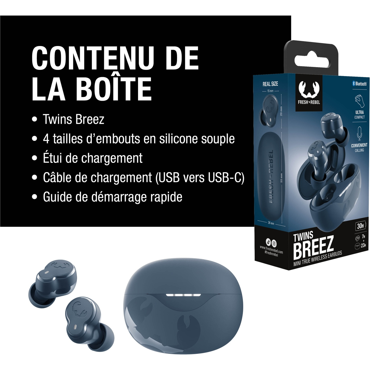 Écouteurs bleus et emballage. Comprend des écouteurs, un étui de chargement, un câble.