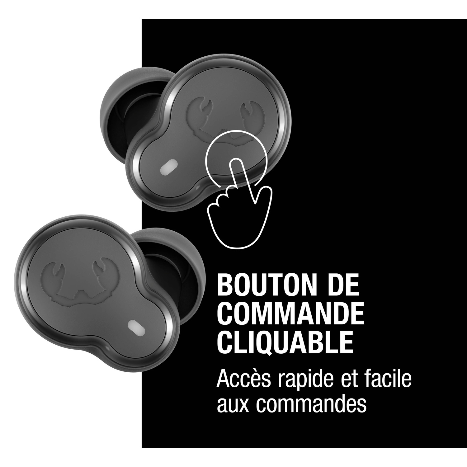Deux écouteurs sans fil gris avec une icône de doigt pointant vers l'un.