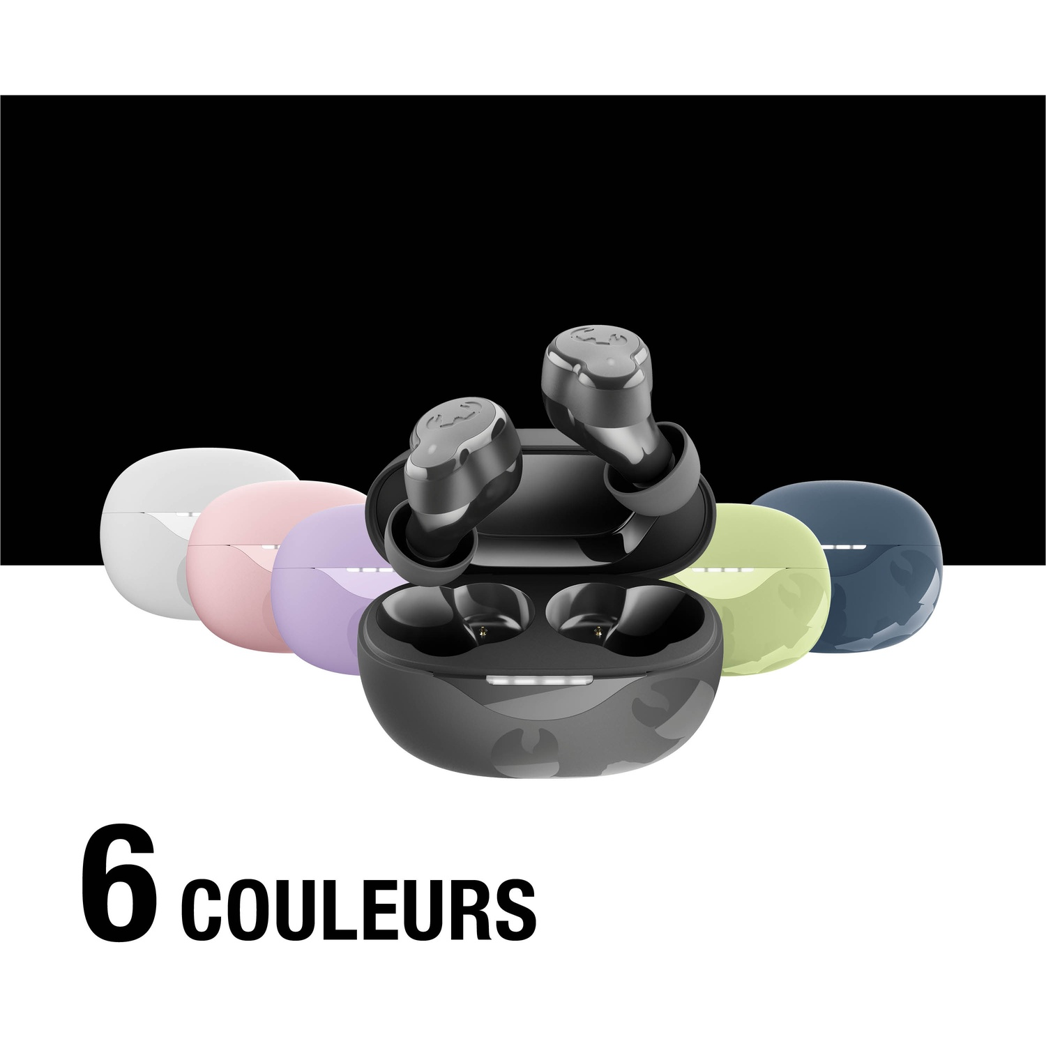 Six étuis d'écouteurs colorés avec des écouteurs noirs au centre.