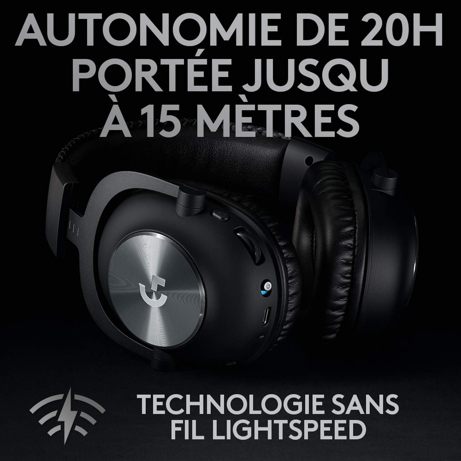 Casque noir logo Logitech, autonomie 20h, portée 15m, technologie Lightspeed.