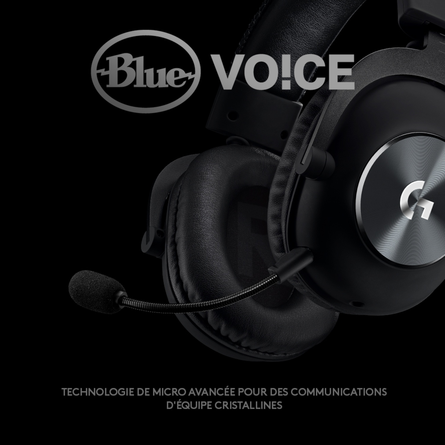 Casque noir avec microphone et logo Blue VO!CE.