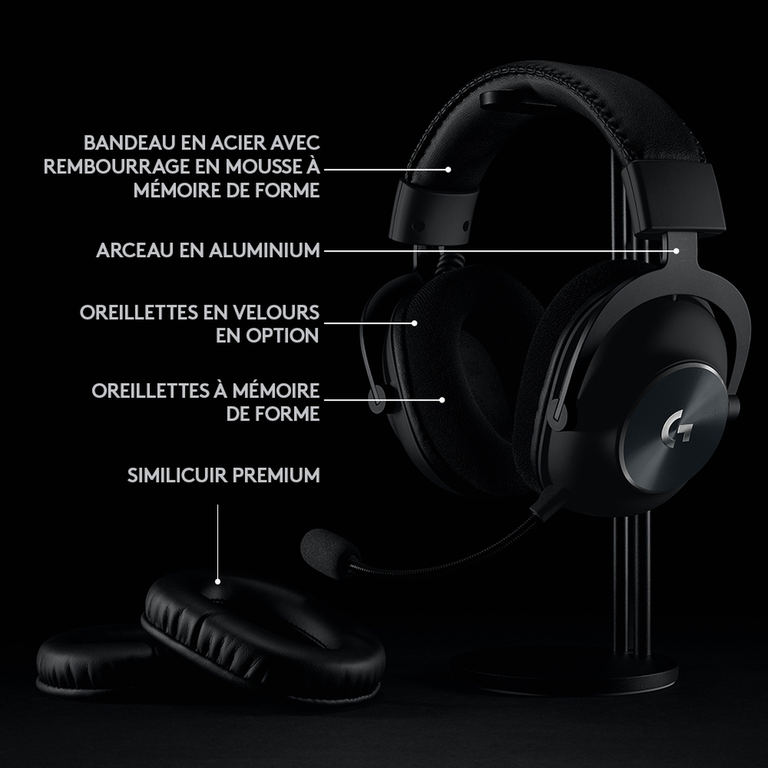 Casque noir avec coussinets amovibles et microphone, sur fond noir.