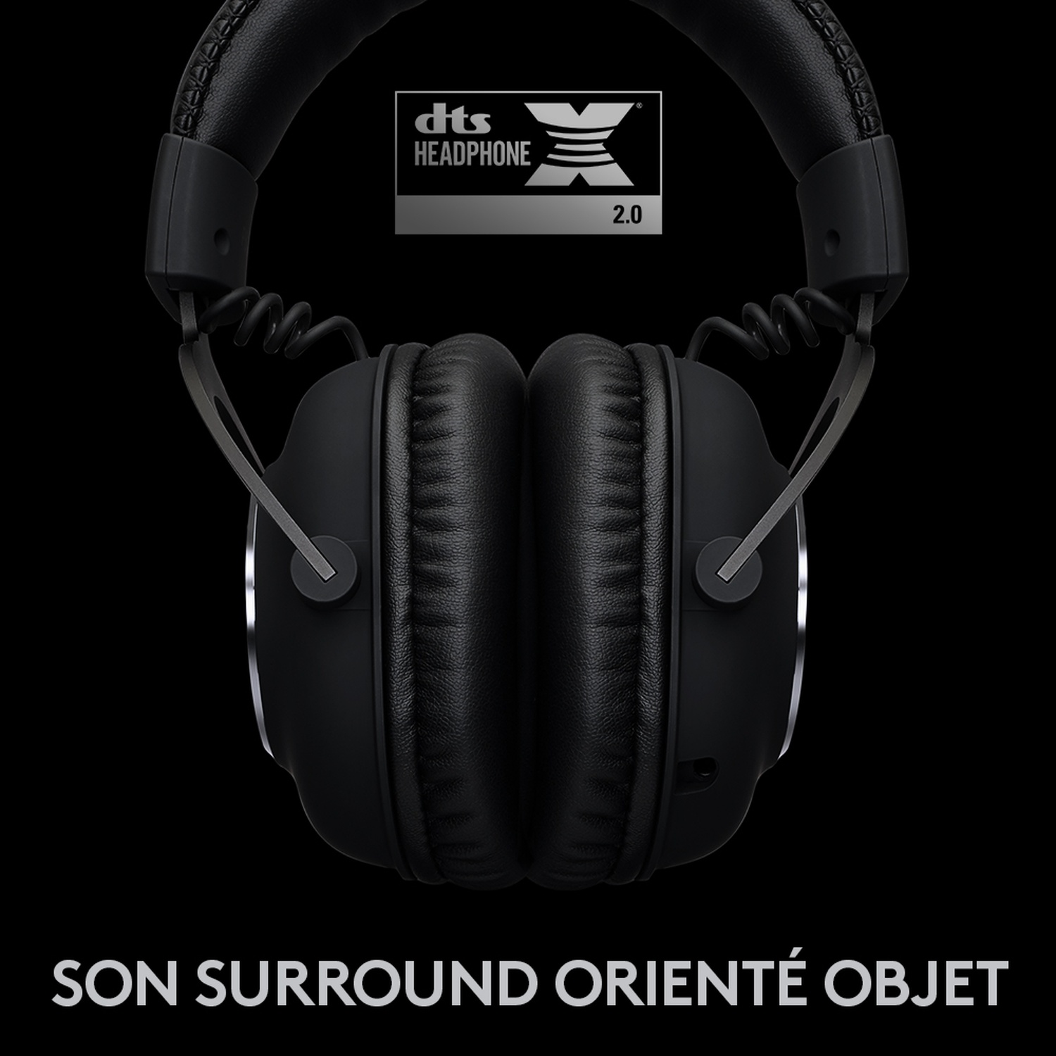 Casque noir avec logo DTS Headphone:X 2.0 et texte en français.
