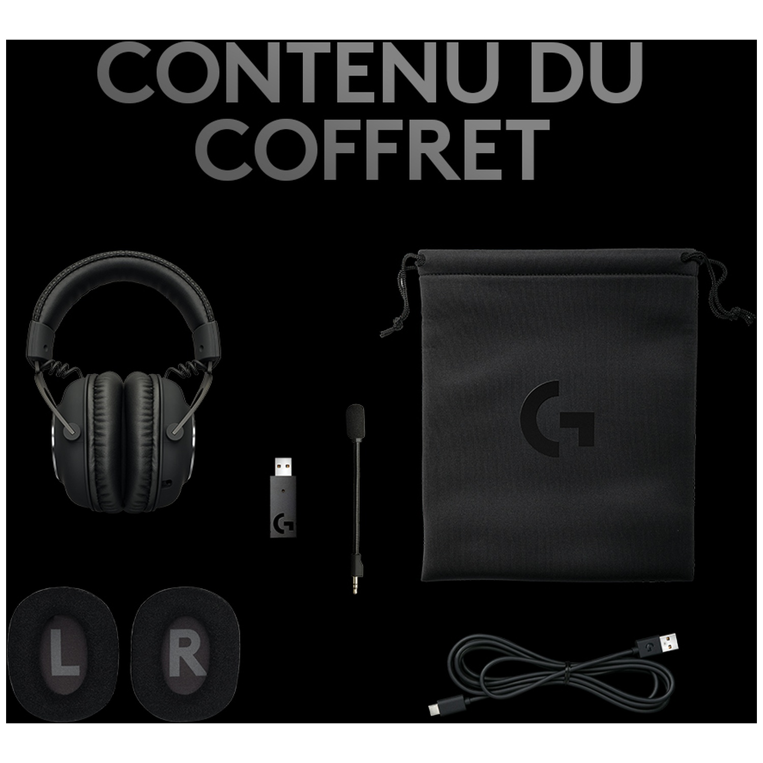 Casque gaming Logitech G, dongle USB, micro, pochette et câble.
