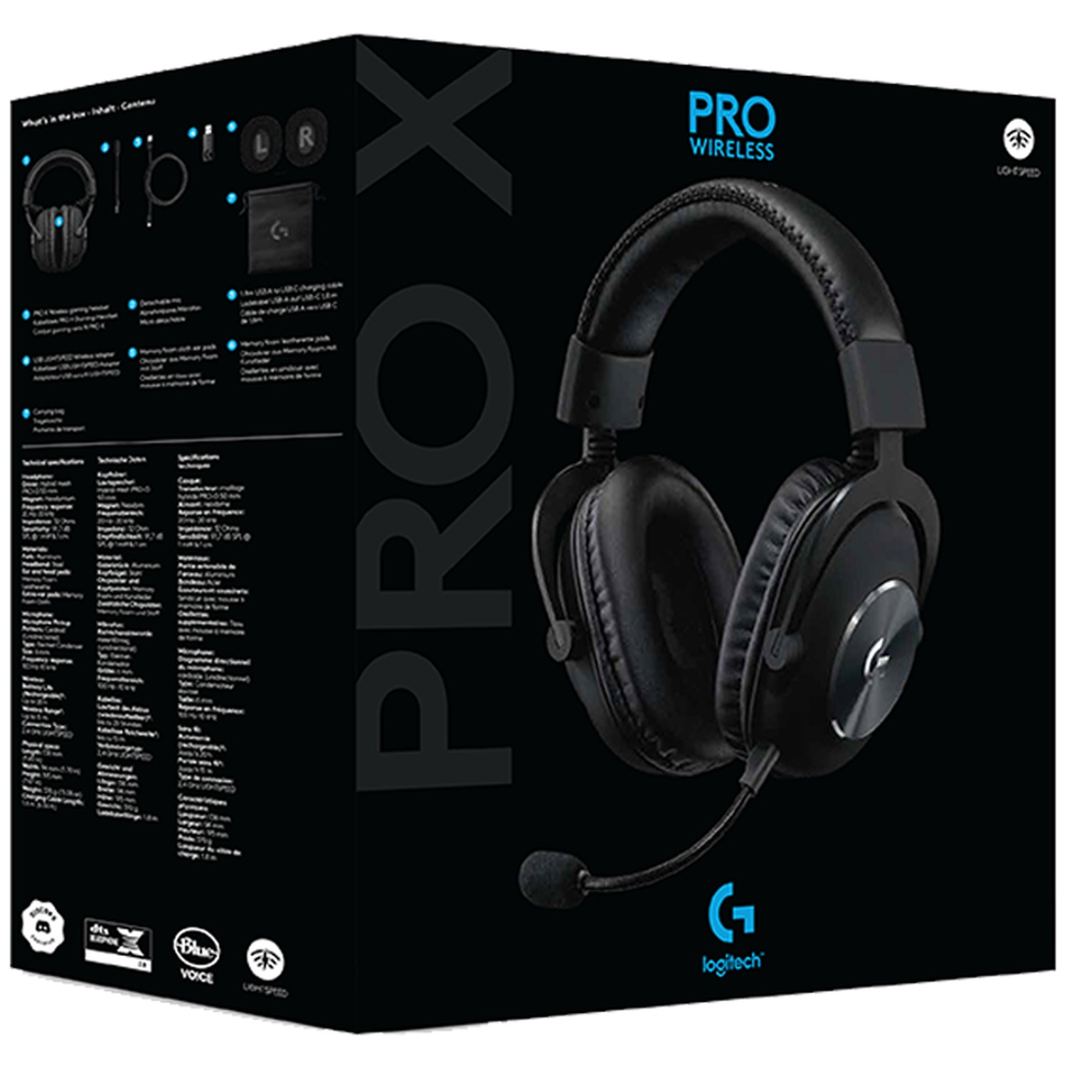 Doos van Logitech Pro Wireless gaming headset met headset, accessoires en productdetails.
