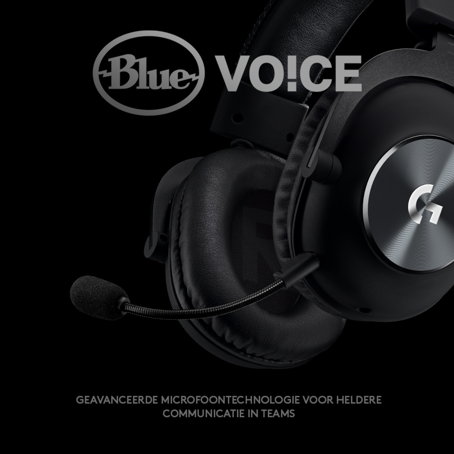 Zwarte koptelefoon met microfoon en Logitech-logo. Blue VO!CE-tekst.