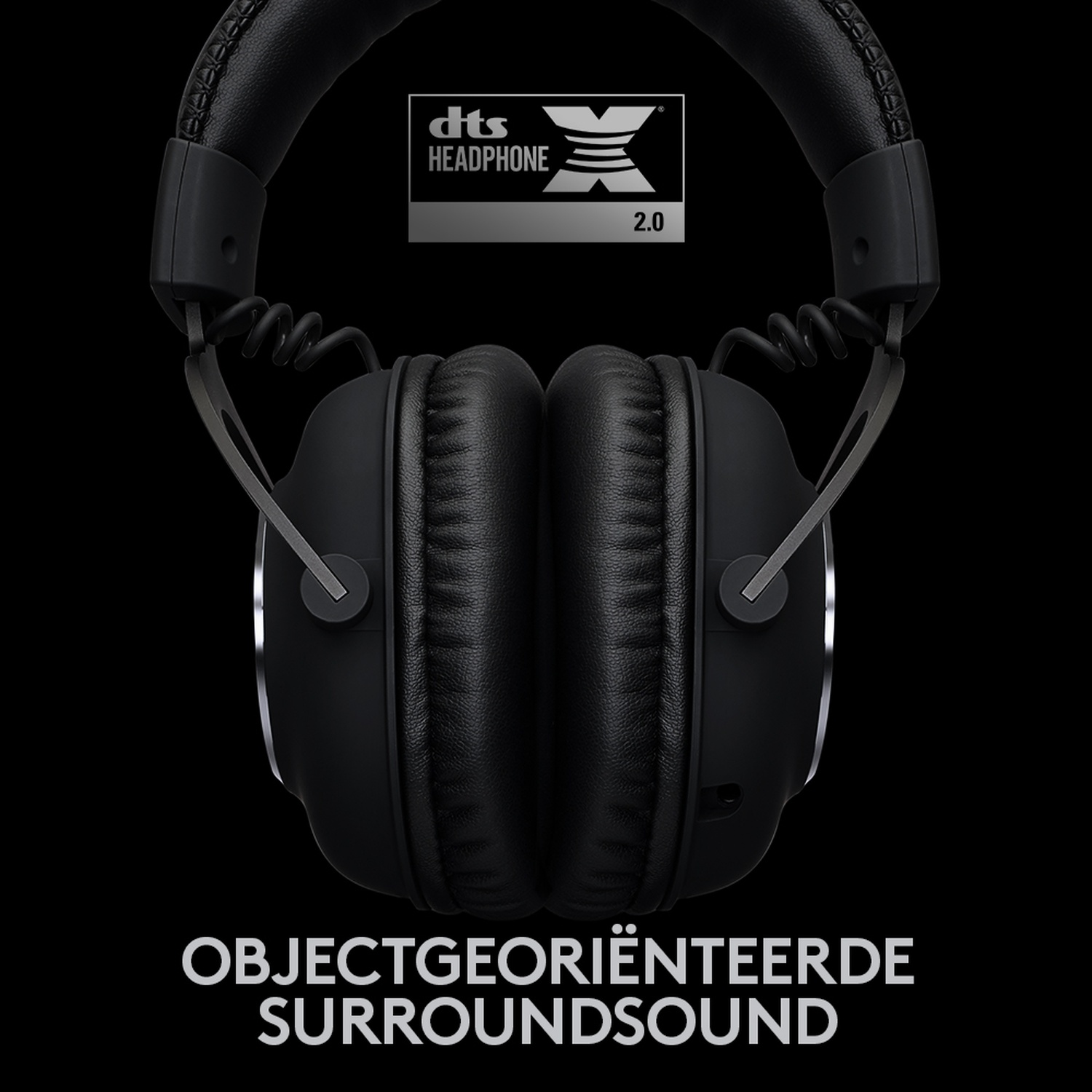 Zwarte koptelefoon met DTS Headphone X 2.0 logo en tekst.