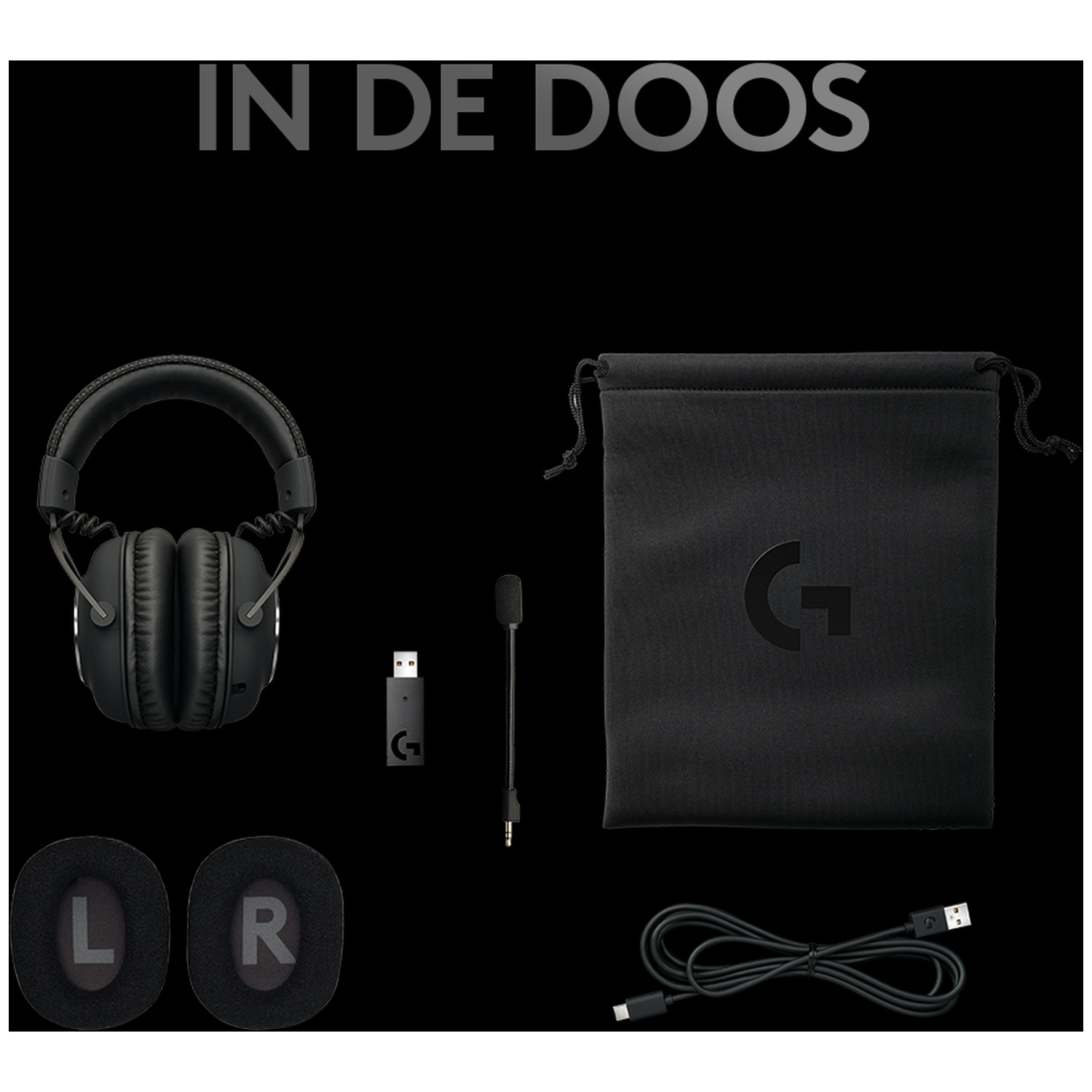 Logitech G koptelefoon, USB-dongel, microfoon, kabel, tas, oorkussens.