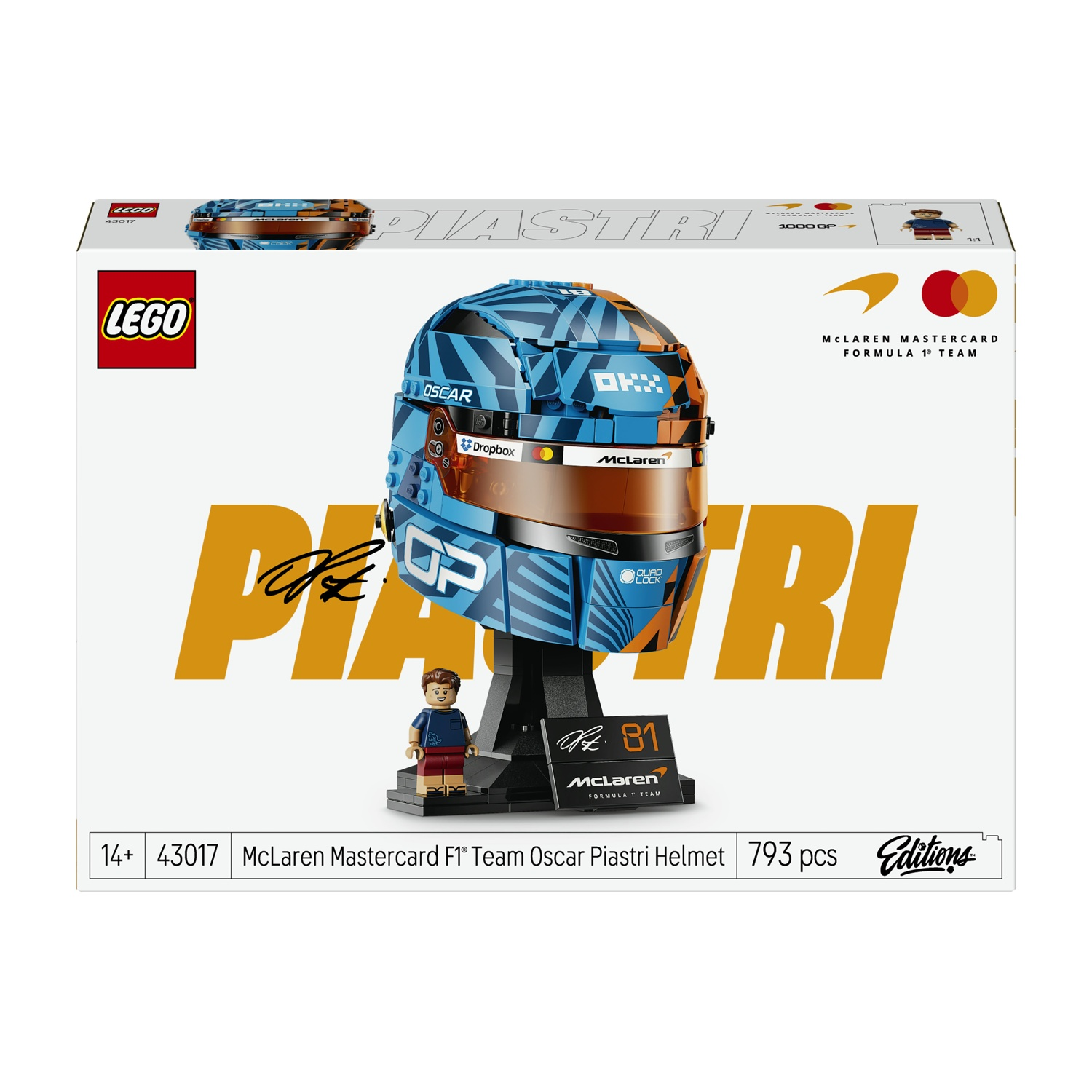 Scatola LEGO che mostra un casco blu e arancione di Oscar Piastri in design McLaren.