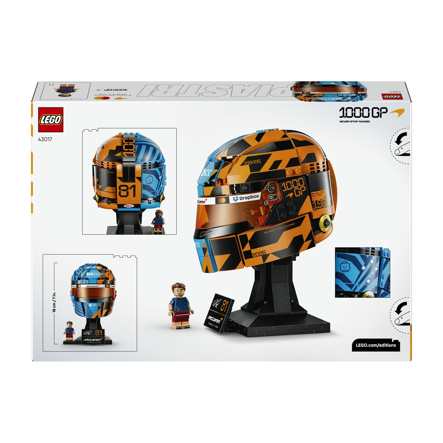 Set casco LEGO con minifiguretta, arancione e blu, n. 81, 1000 GP.
