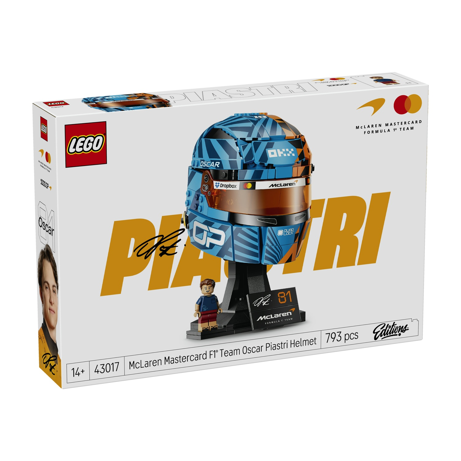 Scatola set LEGO con casco F1 McLaren di Oscar Piastri e minifigure.