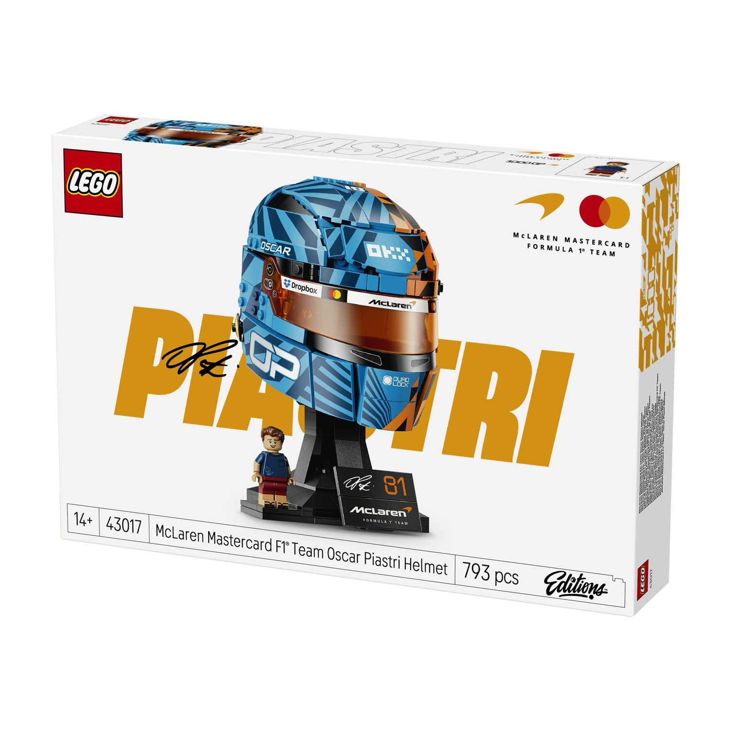 Scatola LEGO con modello di casco di Oscar Piastri, include minifigure.