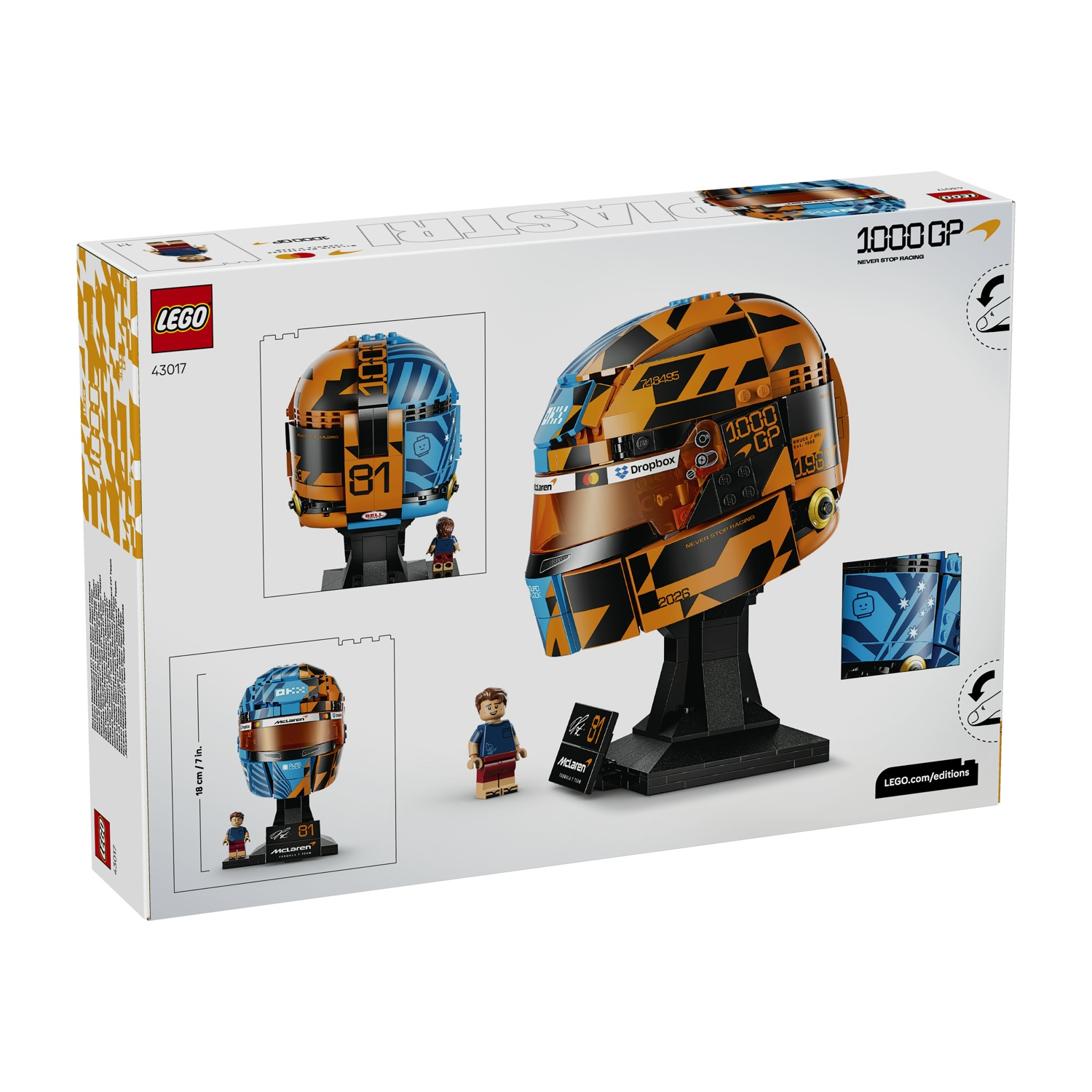Scatola che mostra il set del casco da corsa LEGO McLaren, arancione, blu e nero.