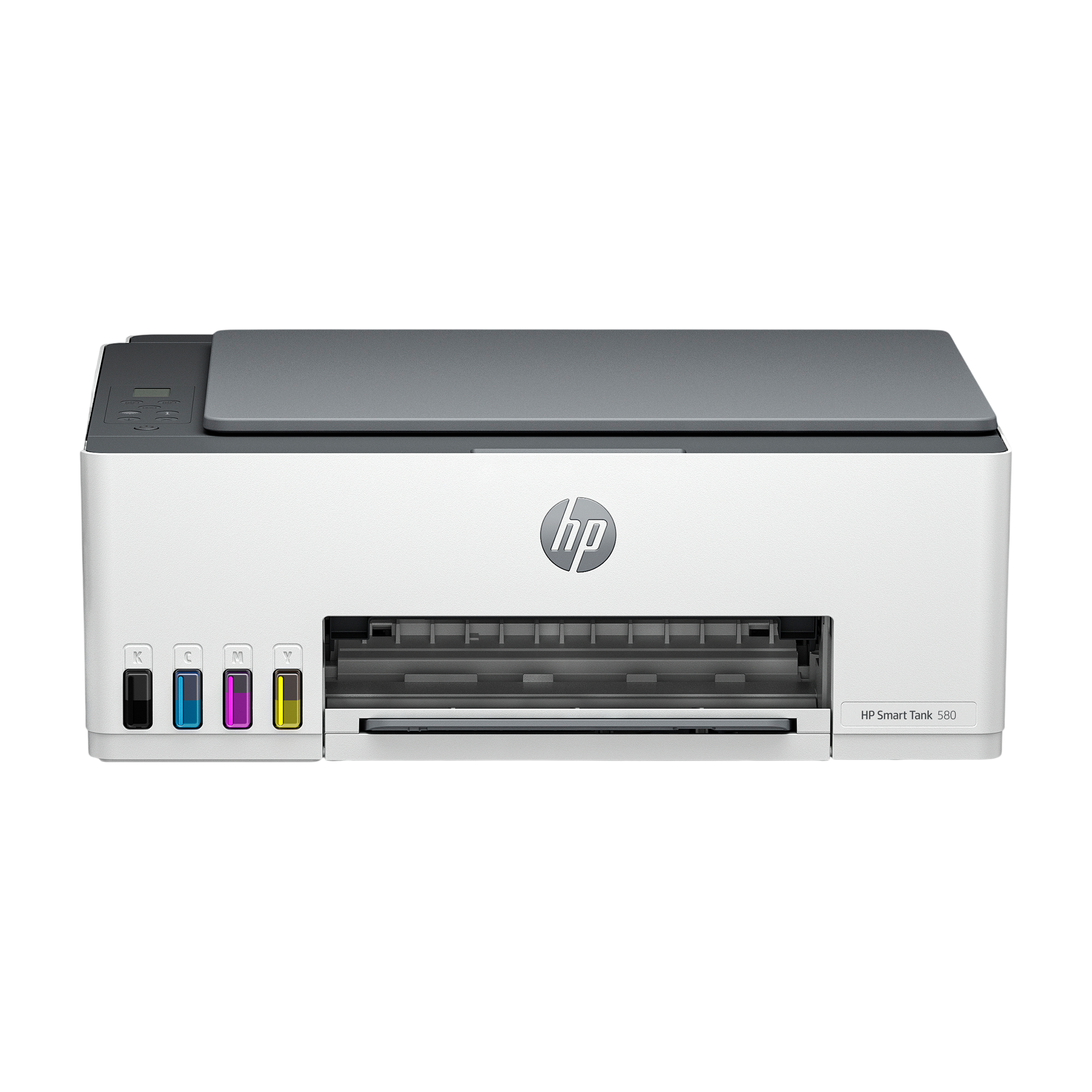 Dört görünür mürekkep haznesine sahip beyaz HP Smart Tank 580 yazıcı.