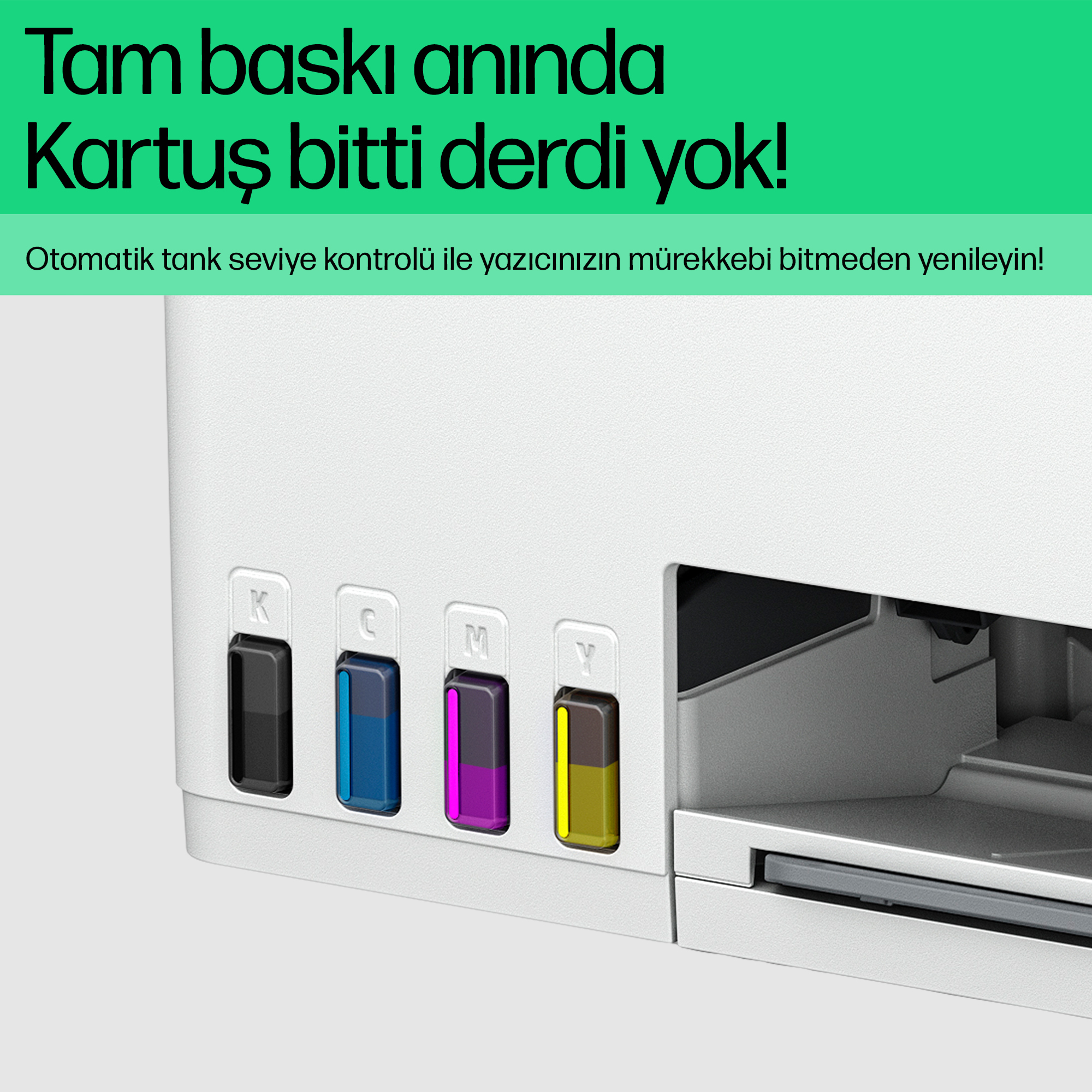 Dört mürekkep tanklı yazıcı: siyah, mavi, magenta ve sarı.