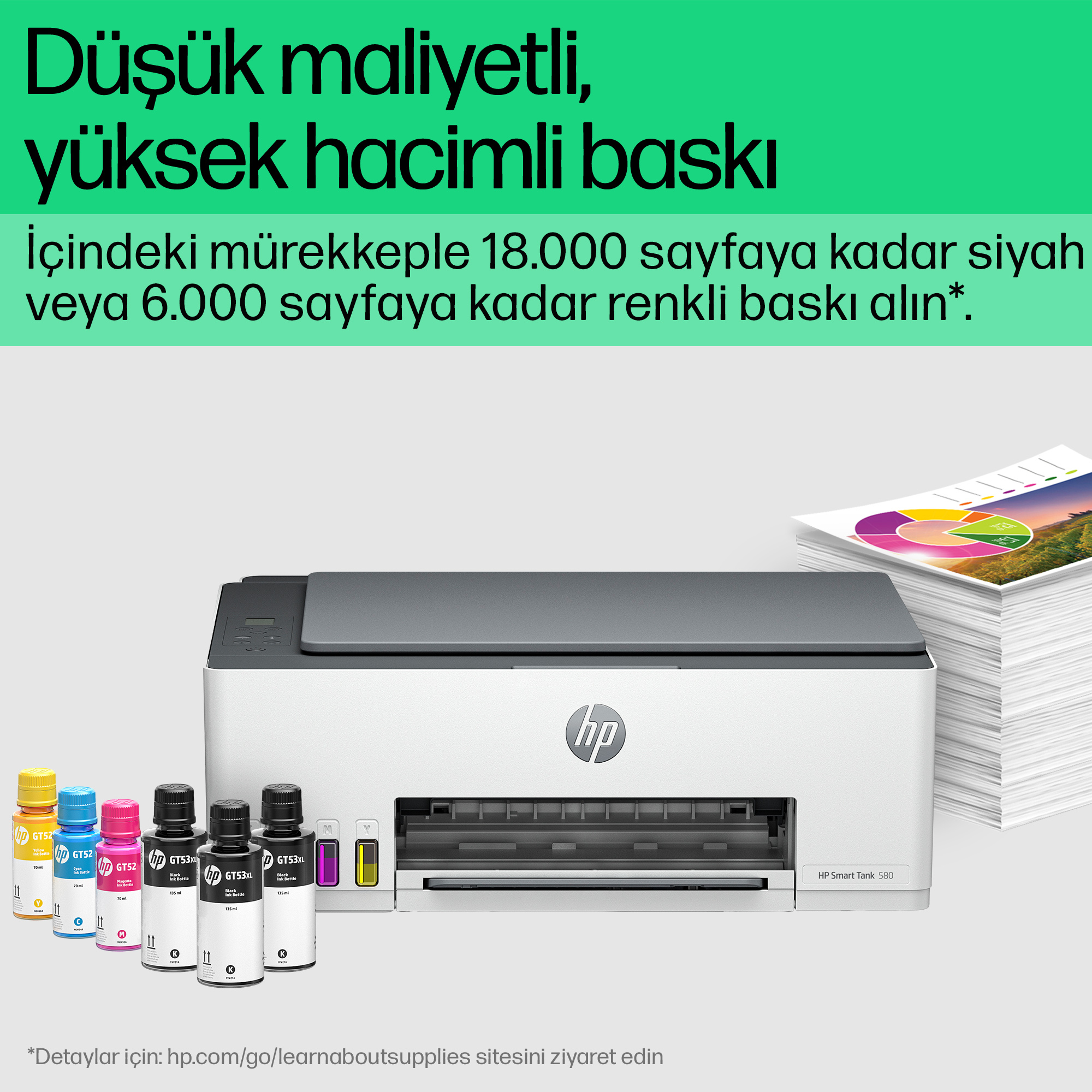 HP yazıcı, mürekkep şişeleri ve grafikli kağıt yığını.