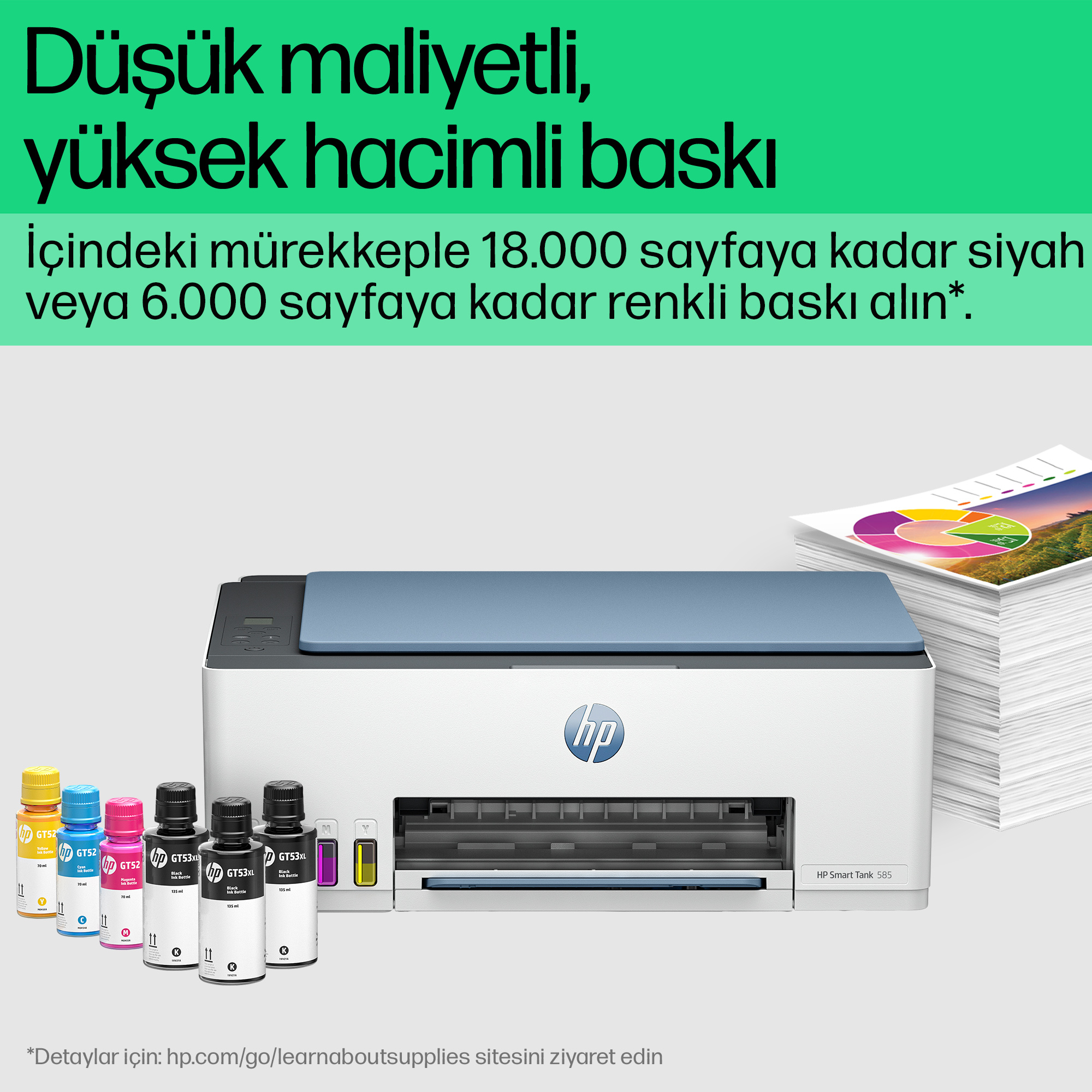 Mürekkep şişeleri ve basılı kağıtları olan HP Smart Tank 585 yazıcı.