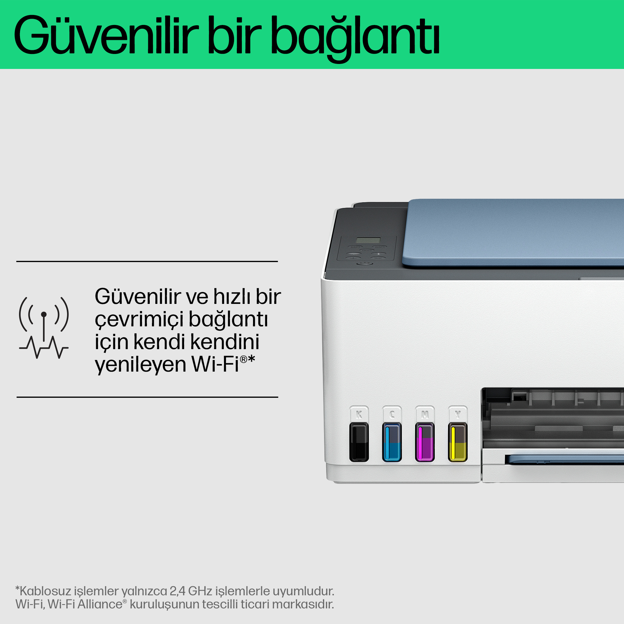 Dört mürekkep kartuşlu (siyah, camgöbeği, macenta, sarı) yazıcı ve Wi-Fi sembolü.